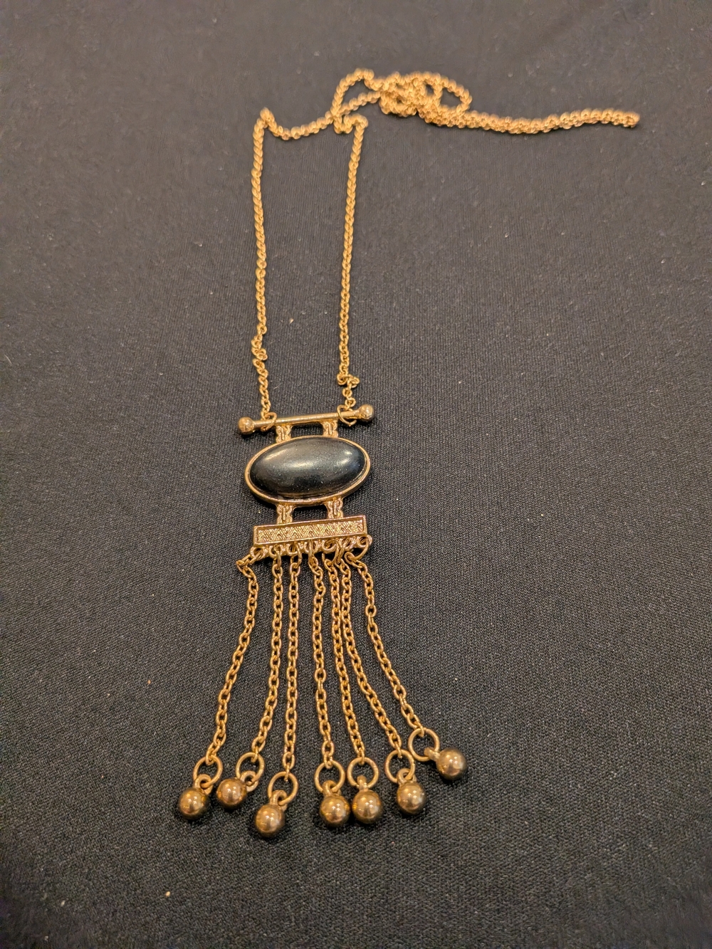 Gold-Tone Black Stone Fringe Pendant Necklace 17" Vintage